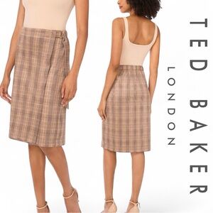 Ted Baker Plaid Faux Wrap A-Line Skirt Women Beige Check Size L NWT